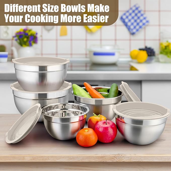 P&P CHEF Mixing Bowls with Airtight Lids Set of 5, 10-Piece Stainless Steel Mixing Nesting Bowl, Metal Bowl with Lid for Kitchen Prepping & Storing, Size 4.6, 3, 1.5, 1, 0.7 QT, Khaki