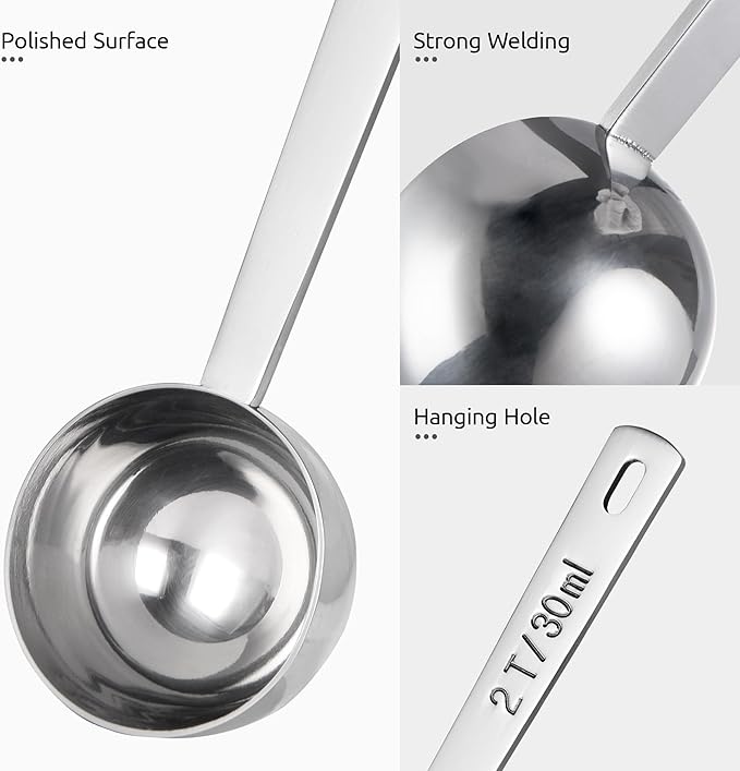U-Taste Coffee Scoop 2 Tablespoon: 18/8 Stainless Steel Measuring Scooper for Ground Coffee, Bean, Powder, Espresso, 4.3in Long Handle Metal Measure Spoon for Canister, Jar (2Tbsp/30ml)