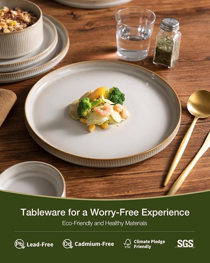 Famiware Star Dinnerware Set with Mugs, Service for 4 (16pcs), Ribbed Stoneware Plates and Bowls Dishes Sets - Chip & Scratch Resistant, Microwave & Dishwasher Safe, Cappuccino White