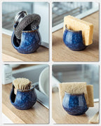 Ceramic Sponge Holder, Kitchen Sink Scrubby Caddy Organizer Dish Sponge Dish Rack for Scrubbers, Bathroom, Sink, Blue