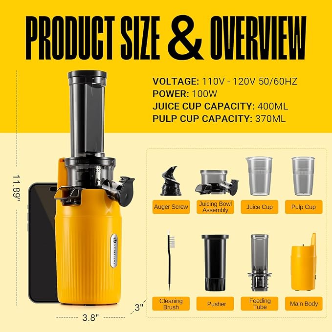 Ventray Ginnie Mini Cold Press Juicer, Small Slow Masticating Juicer for Vegetables and Fruits, High Juice Yield, Easy to Clean, Space-Saving, Fit for Personal/Travel/Picnic/Office - Yellow