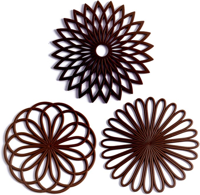Set of 3 Silicone Trivet Mat - Hot Pot Holder Hot Pads for Table & Countertop - Trivet for Hot Dishes - Non-Slip & Heat Resistant Modern Kitchen Hot Pads for Pots & Pans, Chocolate Brown