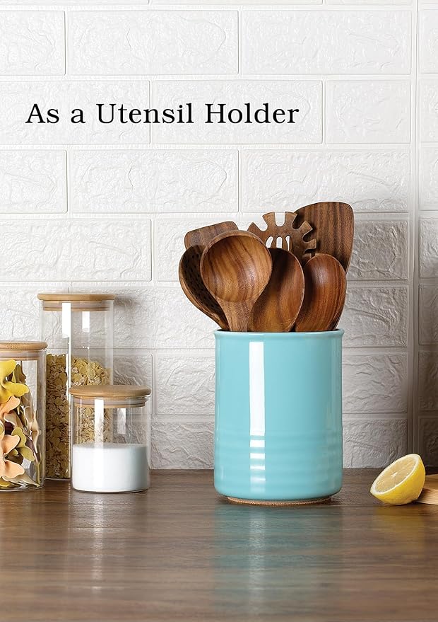 Utensil Holder, 6.7" Ceramic Kitchen Utensil Crock for Countertop Cooking, Modern Utensil Caddy Jar Organizer for Farmhouse Kitchen Counter Décor, Turquoise