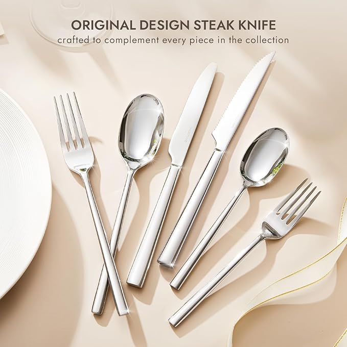 KINGSTONE Silverware Set with Steak Knives, 36-Piece Forged Flatware Set Cutlery Set Premium Stainless Steel, Service for 6, for Kitchen, Home, Wedding, Party, Mirror Polished and Dishwasher Safe