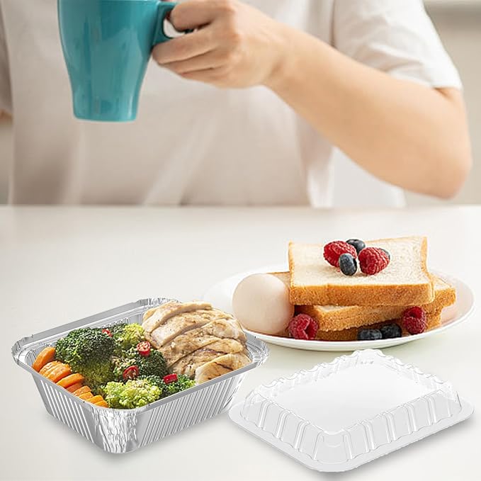 iHomeSet 50 Pack 2 lb Rectangular Disposable Aluminum Foil Pan 32 oz Take Out Food Containers with Clear Plastic Dome Lids, for Catering, Baking, Roasting Food