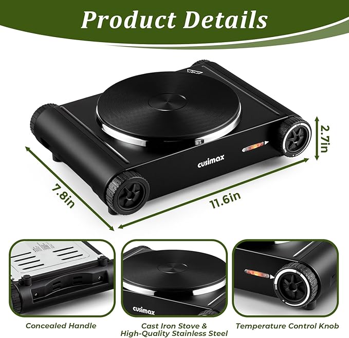 Cusimax Hot Plate,1500W Hot Plate Electric with 7.4″Cast Iron Countertop Single Burner,Electric Stove Top Burner for Cooking,Temperature Controls,Black