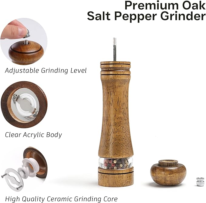 Wood Salt and Pepper Grinder, Salt Grinder and Pepper Mill, Oak Wood Shakers with Adjustable Ceramic Grinders - 8 inches, 1 Pack