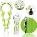 Jar Opener for Weak Hands, Seniors with Arthritis, 5 in 1 Multi Function Bottle Opener Lid Opener For Arthritic Hands with Non Slip Rubber Jar opener Gripper Pad and Corkscrew Wine Opener(GREEN)