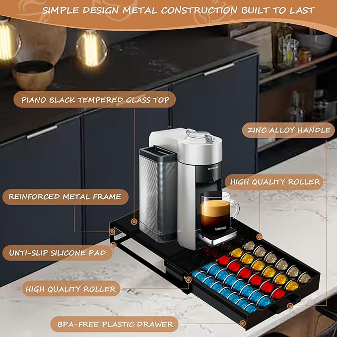 Vertuo Pod Holder Drawer with Deluxe Black Tempered Glass Top, Compatible for Nespresso VertuoLine Pods, Holds up to 75 Small or 50 Big Vertuo Pods Compact Design (Piano Black Nespresso Pods Holder)