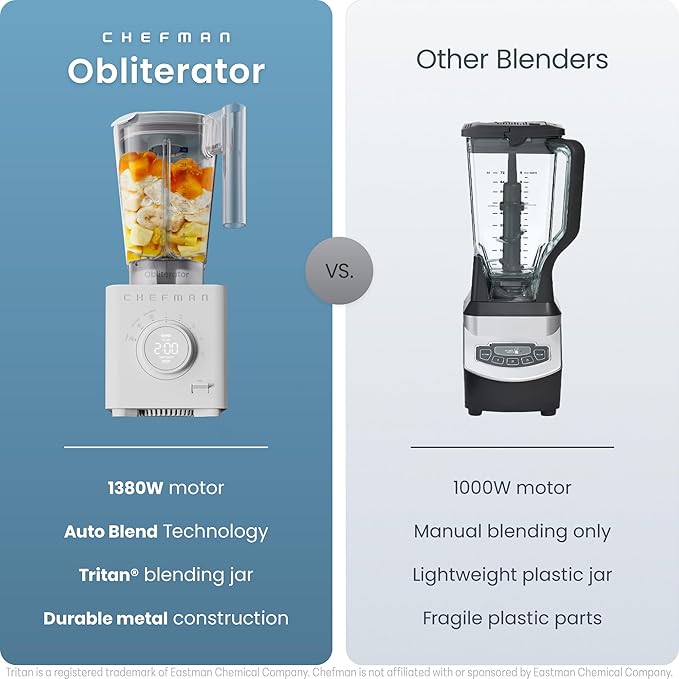 Chefman Obliterator 48 oz Countertop Blender for Smoothies, 1380W Motor to Crush Ice, Nuts, and Frozen Fruit with Stainless Steel Blade, Auto Blend Function, Includes Tamper and Scraper