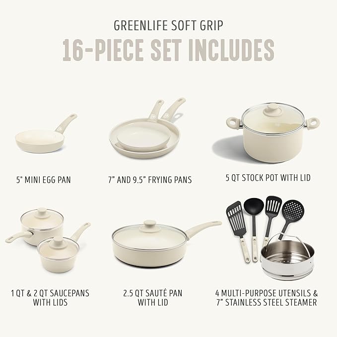 GreenLife Soft Grip 16 Piece Cookware Set, Non-Toxic PFAS-Free Ceramic Nonstick, Frying, Sauce, Saute, Utensils, Glass Lids, Stay-Cool Handles, Wobble Free, Dishwasher & Oven Safe, Cream