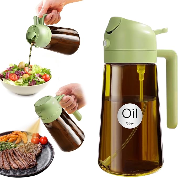 YARRAMATE 16oz/470ml Light Blocking Oil Sprayer for Cooking with Stickers, Food-Grade 2 in 1 Olive Oil Dispenser Bottle for Kitchen, Premium Dark Amber Glass Oil Bottle for Air Fryer, BBQ(Green)