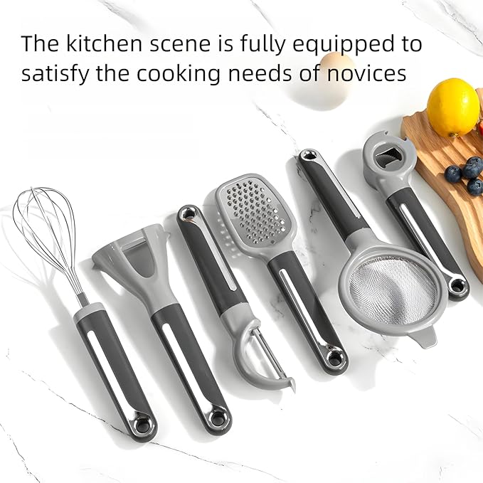 7-Piece Kitchen Gadget Set, Stainless Steel Cooking Utensils Set with Holder, 7-Pieces All Metal Kitchen Utensils, 11.4’’ Long Kitchen Tools with Countertop Rotating Stand (Blue)