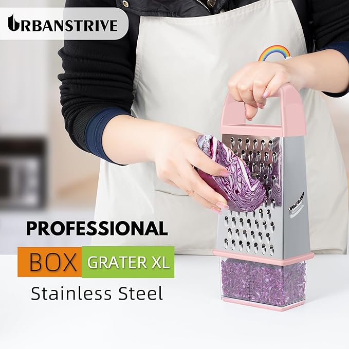 Urbanstrive Cheese Grater With Container, Professional Cheese Grater with Handle, Stainless Steel Graters for Kitchen Handheld, Box Grater with 4 Sides for Vegetables, Ginger, Potatoes (Pink)