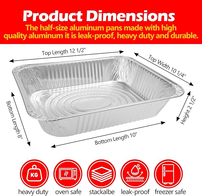 9x13 Aluminum Foil Pans, 30 Pack Disposable Trays Half Size Heavy Duty Tin Pans Deep Food Containers For Cooking, Meal Prep, Baking, Roasting, Chafing, Heating or Steam Table