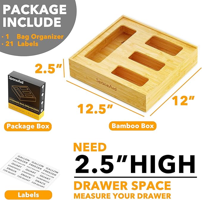 SpaceAid Bag Storage Organizer for Kitchen Drawer, Bamboo Organizer, Compatible with Gallon, Quart, Sandwich and Snack Variety Size Bag (1 Box 4 Slots), 2.5" High