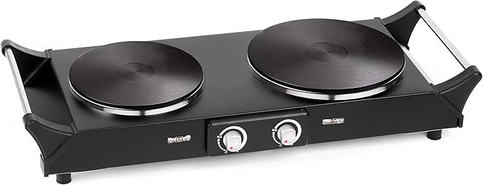 Techwood ES-3203 Hot Plate Electric Double Burner 1800W for Cooking with Adjustable Temperature & Stay Cool Handles, Black Stainless Steel, Compatible for All Cookwares