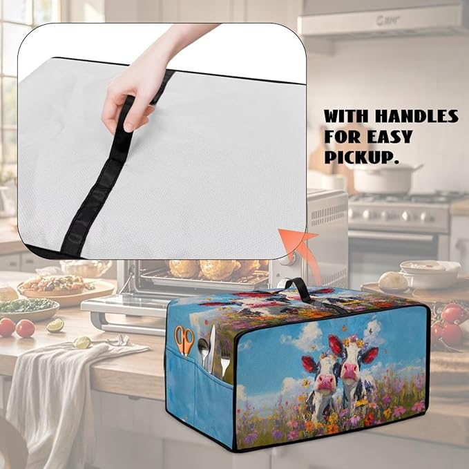 Cow Butterfly Flower Print Toaster Oven Cover, Dust-proof Heat-resistant Air Fryer Cover with Accessory Pockets, Kitchen Small Appliance Protector, (Medium-16.1*19.71*10 inches)