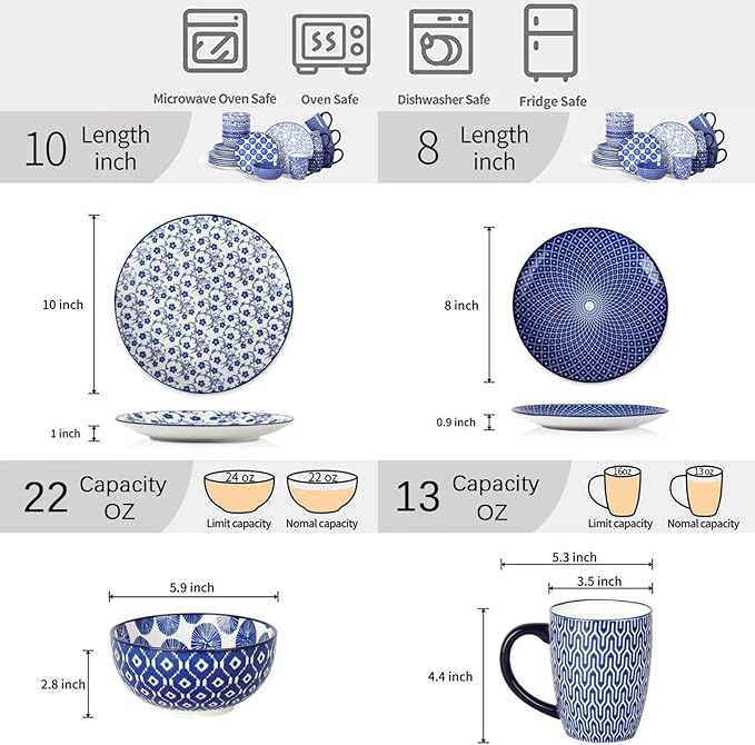 Selamica Ceramic Dinnerware Sets for 6, 24 Piece Plates and Bowls Sets, Scratch Resistant Dishes Set-Dishwasher & Microwave & Oven Safe, Vintage Blue A