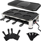 TAMARIT 8-Person Raclette Grill, Electric Party Griddle with Nonstick Grill and Crepe Plates, 8 Pans and Spatulas, 1500W (Indoor), Stainless Steel