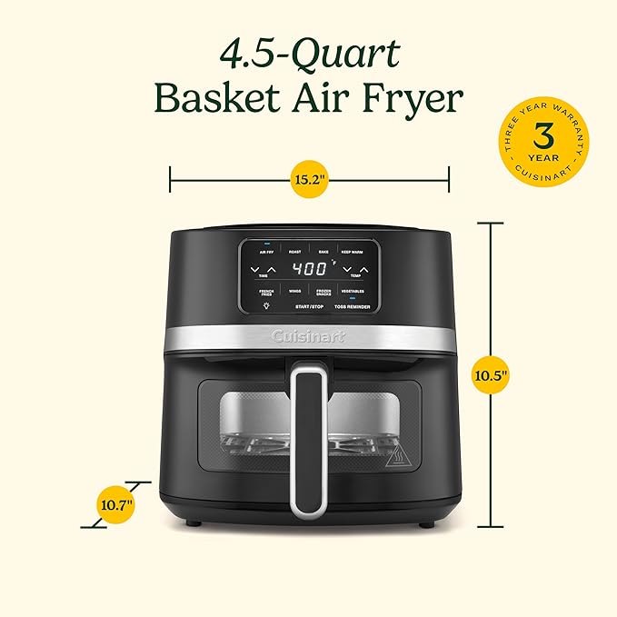 Cuisinart Air Fryer, 4.5-Quart Basket Fryer with 4 Cooking Functions to Air Fry, Roast, Bake, and Keep Warm, 4 Airfryer Presets, Dishwasher-Safe Parts, AIR-160NAS, Stainless Steel & Black