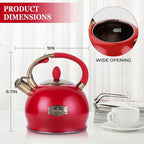 SUSTEAS Stove Top Whistling Tea Kettle - Food Grade Stainless Steel Teakettle Teapot with Cool Touch Ergonomic Handle, With 1 Silicone Pinch Mitt Included, 2.64 Quart(RED)
