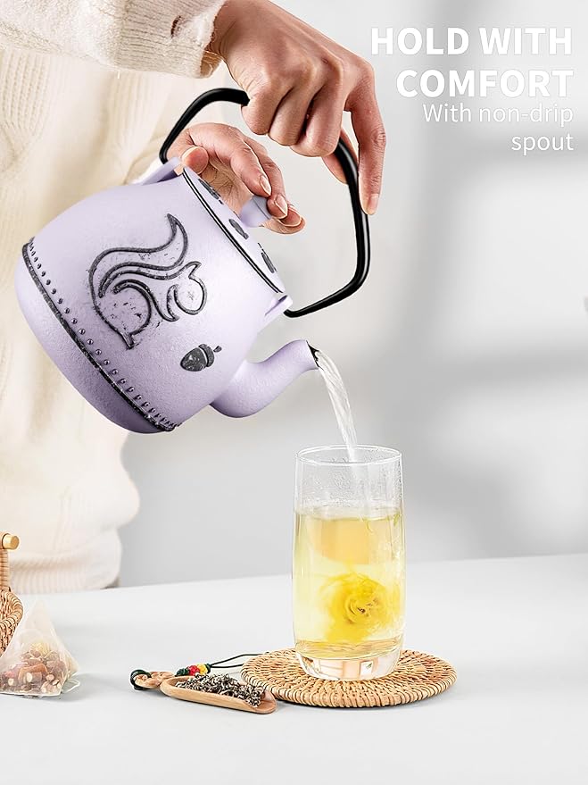 Toptier Teapot with Removable Infuser, Cast Iron Tea Kettle Stovetop Safe, Squirrel Design Tea Pot Coated with Enameled Interior for 32 Ounce (950 ml), Purple
