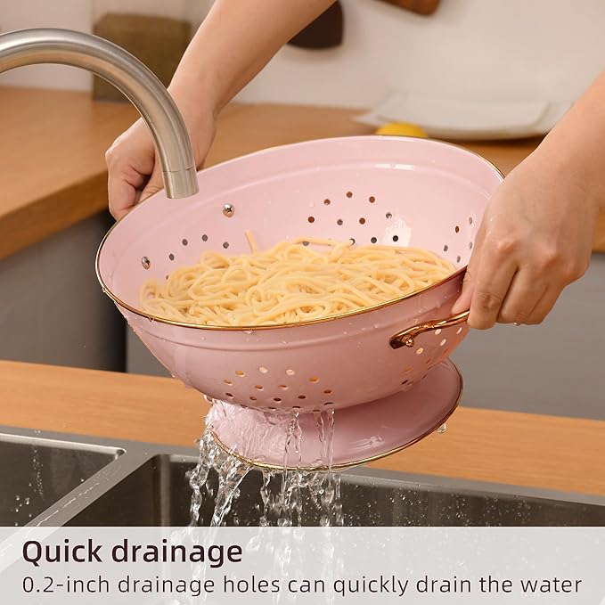 Metal Colander Set of 2, Strainer Basket with Handles 3.5 & 5 Qt Powder Coated Self-draining Solid Ring Base Metal Large Kitchen Colander Bowel for Pasta Vegetable Fruit (PINK)