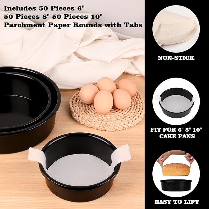 HUAKENER 3 Pack Round Cake Pans, 6" 8" 10 Inch Circle Cake Pan with 150 Pieces Parchment Paper, Non-stick Cake Baking Pans, Dishwasher Safe