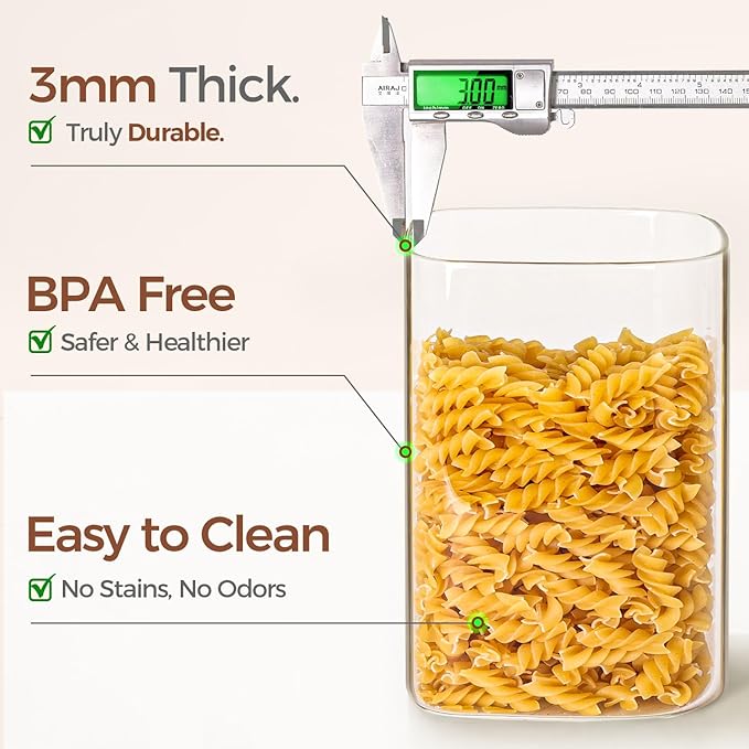 ComSaf 3.6 Qt Glass Food Storage Containers Set of 2, Large Storage Containers with Lids, Square Glass Jars with Lids, for Flour and Sugar, Cereal, Rice, Pasta, Oats, Coffee Beans