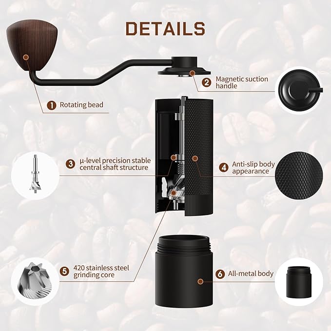 MAVO Manual Coffee Grinder, Wizard Hand Coffee Grinder, Capacity 25g with CNC Stainless Steel Hexagonal Conical Burr, Adjustable Setting, Burr Coffee Bean Grinder for French Press, Pour Over, Black