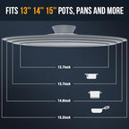 Walfos Universal Lid for 13", 14" and 15" Diameter Cookware - Tempered Glass Pan Lid with Heat Resistant Silicone Rim, BPA Free Pot Lids, Fits Pots, Pans and Skillets, Dishwasher-Safe, Gray