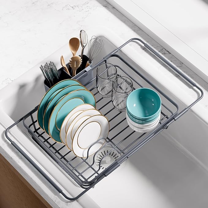 Sakugi Extendable Dish Drying Rack Over Sink with Dish Drainer, Sink Organization and Storage Essentials with Silverware & Utensil Holder, Home and Apartment Decor, 12" W x 16.1~23" L, Silver