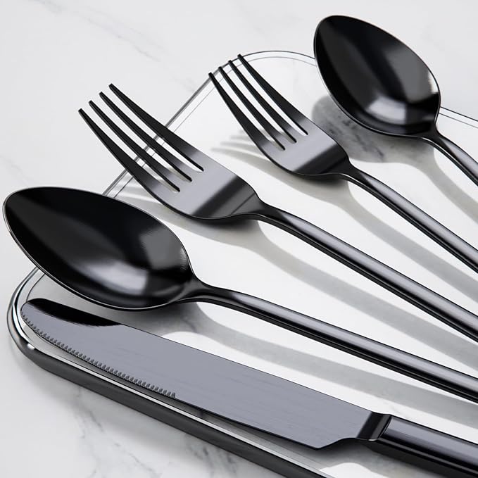 KINGSTONE Black Silverware Set, 30 Piece Flatware Set for 6, 18/10 Stainless steel Cutlery Set for Home Kitchen and Restaurant