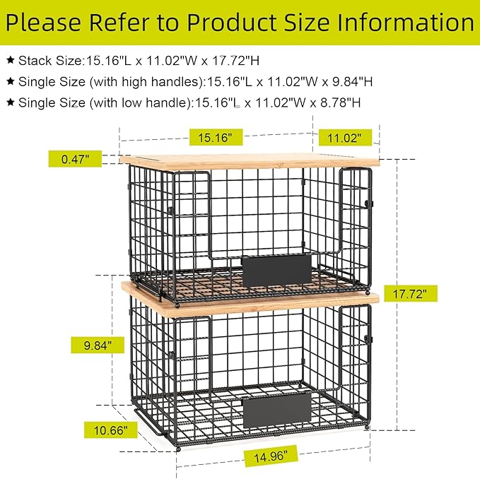 2 Pack Stackable Wire Baskets with Bamboo Top for Pantry Organizers and Storage, XXL Kitchen Organization Counter Basket for Fruit, Vegetable, Produce, Bread, Potato and Onion Storage Bins