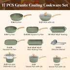 Kitchen Academy 17 Pieces Induction Cookware Set with Griddle, Green Granite Pots and Pans Set Non Stick, Healthy Nonstick Cooking Pans Set