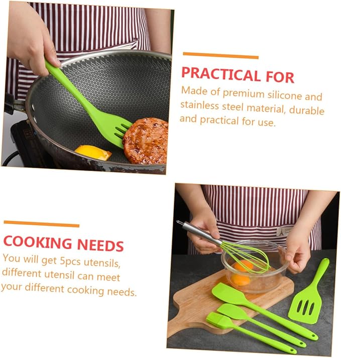 Ipetboom 5pcs Silicone Kitchen Utensil Set Nonstick Cooking Tools with Beater Turner for Baking and Mixing Heat Resistant Green Cooking Utensils with Hanging for Home and Restaurant Use