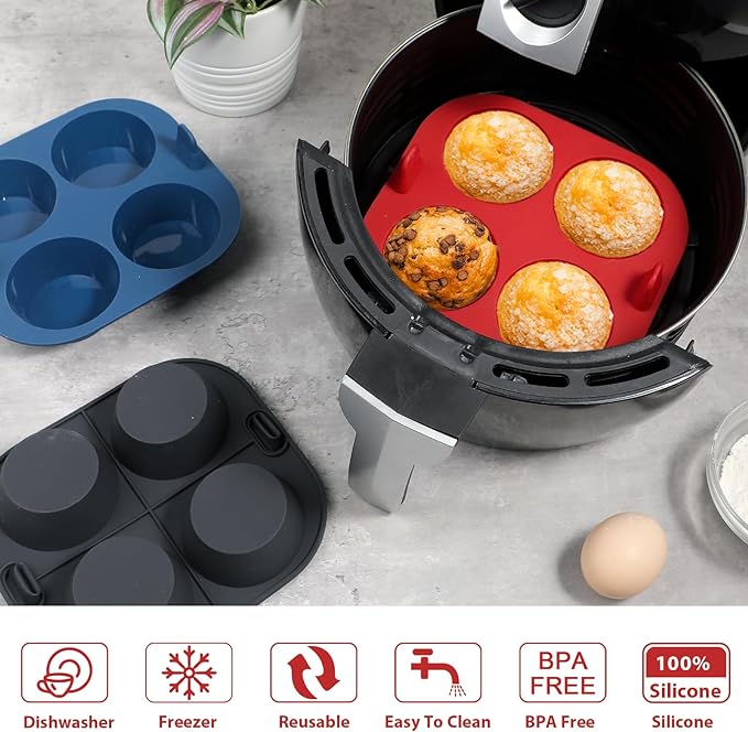 Webake 3PCS Silicone Air Fryer Muffin Pan for Baking 4 Cavity Air Fryer Egg Bites Silicone Mold, Nonstick BPA Free Muffin Tins