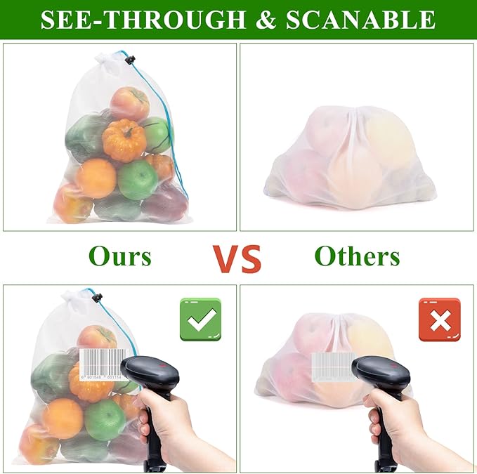 8 Reusable Blue Mesh Produce Bags - Large (12"x17") Washable See-Through Mesh for Fruit, Veg, Toy Storage