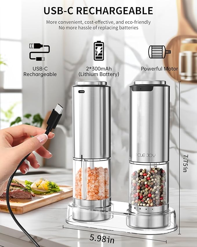 CIRCLE JOY Rechargeable Electric Salt and Pepper Grinder Set with Base, Stainless Steel Pepper Mills with 95ml Container, White LED Light and External Adjustable Coarseness, Silver