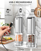 CIRCLE JOY Rechargeable Electric Salt and Pepper Grinder Set with Base, Stainless Steel Pepper Mills with 95ml Container, White LED Light and External Adjustable Coarseness, Silver