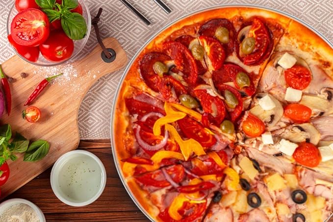 TeamFar Pizza Pan, 13.4 inch Stainless Steel Pizza Pan Set Large Pizza Oven Pans Tray for Baking Serving, Healthy & Heavy Duty, Dishwasher Safe & Easy Clean - 4 Piece