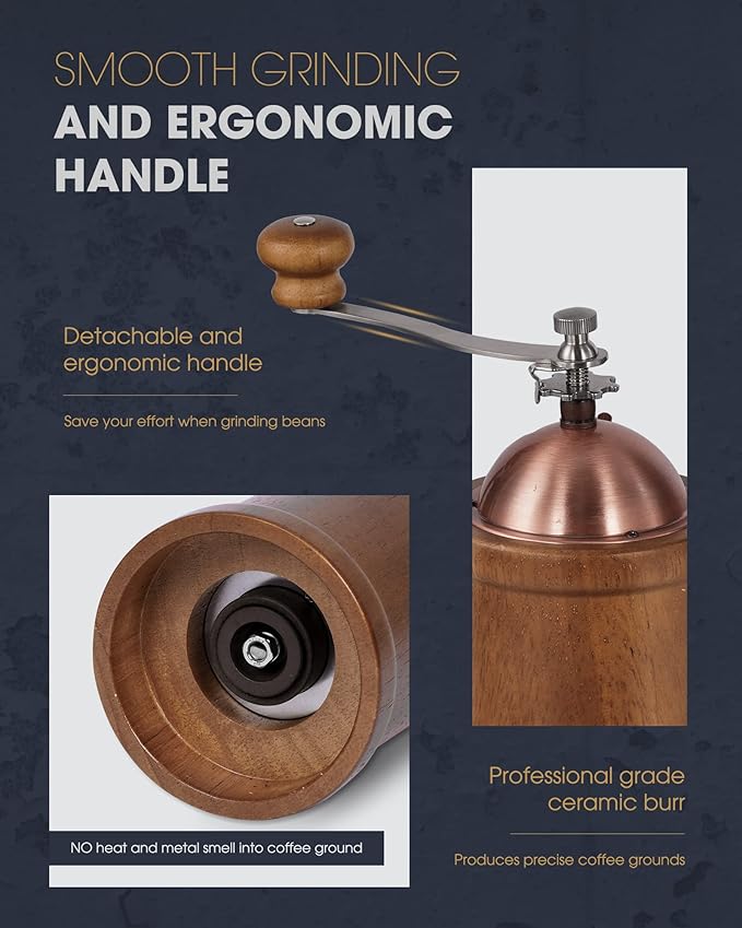 POLIVIAR Manual Coffee Grinder, Coffee Bean Grinder with Adjustable Ceramic Burr, Vintage Style Wooden Hand Coffee Grinder, Large Capacity Burr Coffee Grinder with Brush and Spoon (JX2022-CG20)