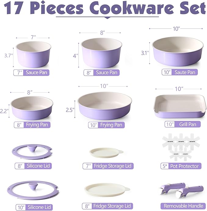 SENSARTE 17 Piece Ceramic Pots and Pans Set, Nonstick Detachable Handle Cookware, Induction Kitchen Cookware Set with Removable Handle, Dishwasher ＆ Oven Safe (Purple)