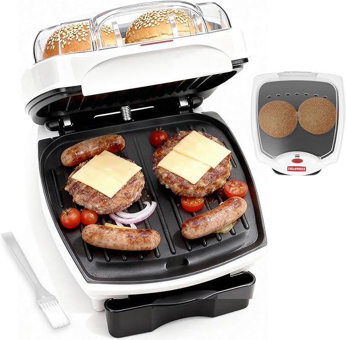 SugarWhisk 2 In 1 Hamburger Grill Maker, Electric Indoor Grill and Panini Press with Non-stick Grill Plates, 1200W, Easy to Clean and Store, White