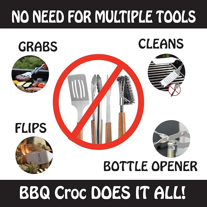 BBQCroc 3-in-1 Barbecue Tool 26-inch Extra Light and Super Long Heavy Duty Tongs, Spatula and Grill Scraper (Red) – Longest BBQ Tool Ever!