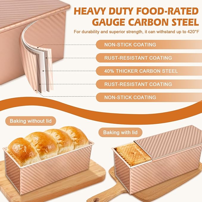 2Pack Pullman Loaf Pans with Lids – 2.2 LB & 1 LB Dough Capacity, Non-Stick Carbon Steel Bread Pans for Homemade Sandwich and Sourdough Bread, Corrugated Toast Mold