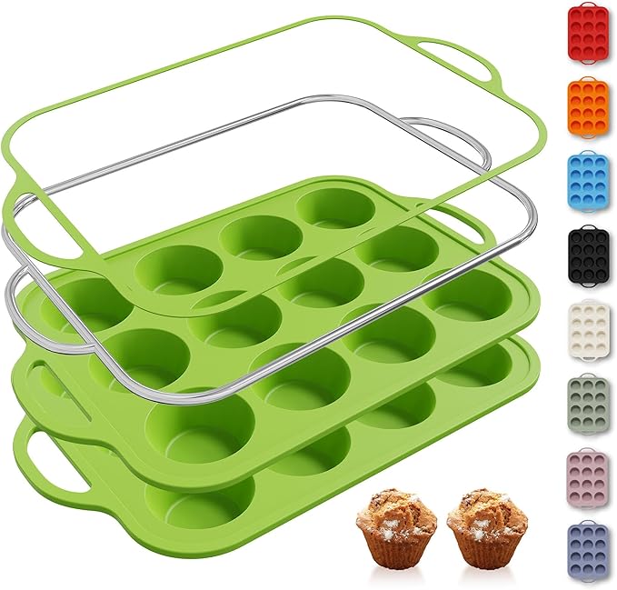 2 Packs 12 Cups Silicone Muffin Pan with Metal Reinforced Frame Regular Size Cupcake Pan Tray Egg Bites Silicone Circle Cookie Molds Muffin Tin Tart Pans Baking Sheet Set for Breakfast Sandwiches