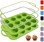 2 Packs 12 Cups Silicone Muffin Pan with Metal Reinforced Frame Regular Size Cupcake Pan Tray Egg Bites Silicone Circle Cookie Molds Muffin Tin Tart Pans Baking Sheet Set for Breakfast Sandwiches