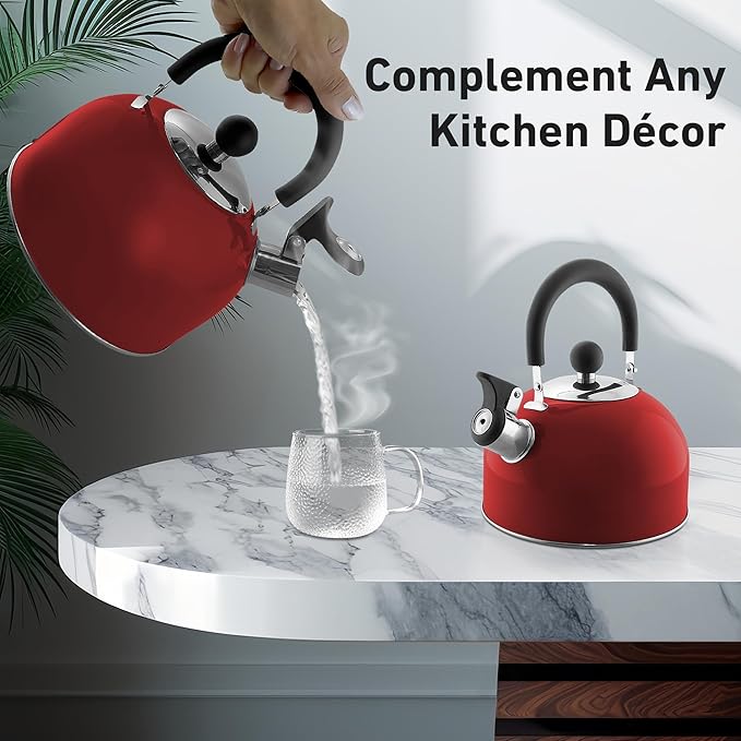 Lily's Home 2 Quart Stainless Steel Whistling Tea Kettle, the Perfect Stovetop Tea and Water Boilers for Your Home, Dorm, Condo or Apartment. Red